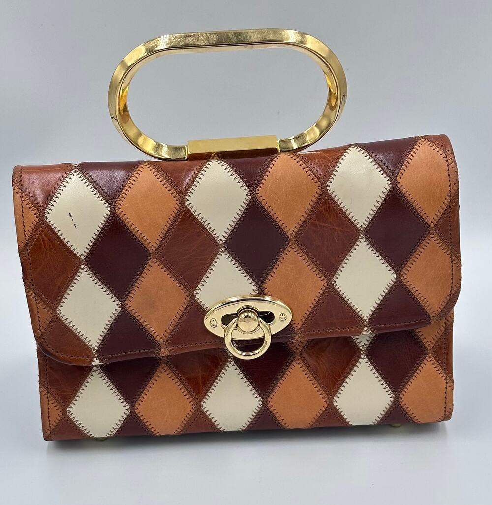 M. Andonio Los Angeles Leather Harlequin Print Pill Box Handbag